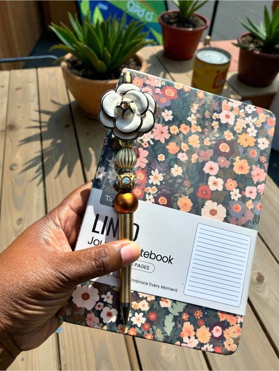 Accessories - Handcrafted Beaded Floral Top Pen in Gold and Cream & Lined Journal Notebook